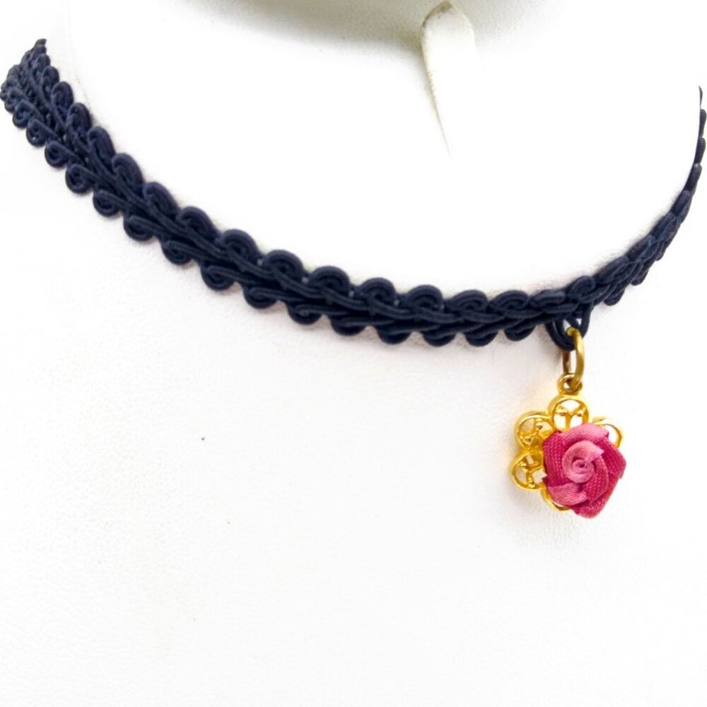 Black Lace Choker Necklace with Pink Fabric Rose Pendant & Gold Tone Accents